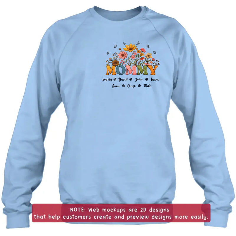 Personalized Mommy Birth Flower Embroidered Shirt/ Hoodie - Custom Kids Names Floral Mother’s Day Gift for Mom with up to 7 Kids