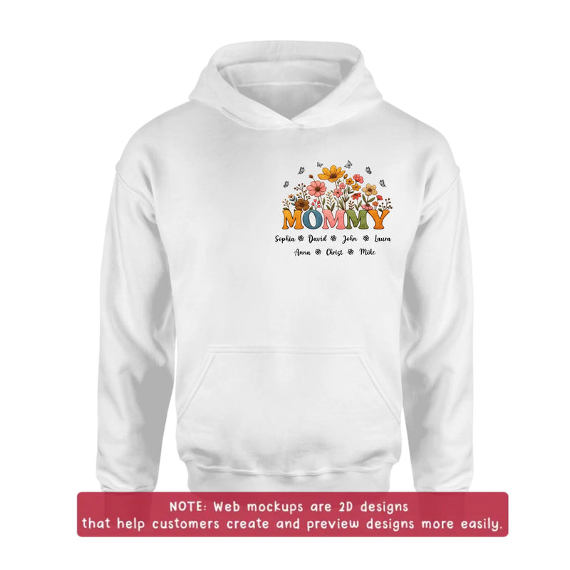 Personalized Mommy Birth Flower Embroidered Shirt/ Hoodie - Custom Kids Names Floral Mother’s Day Gift for Mom with up to 7 Kids
