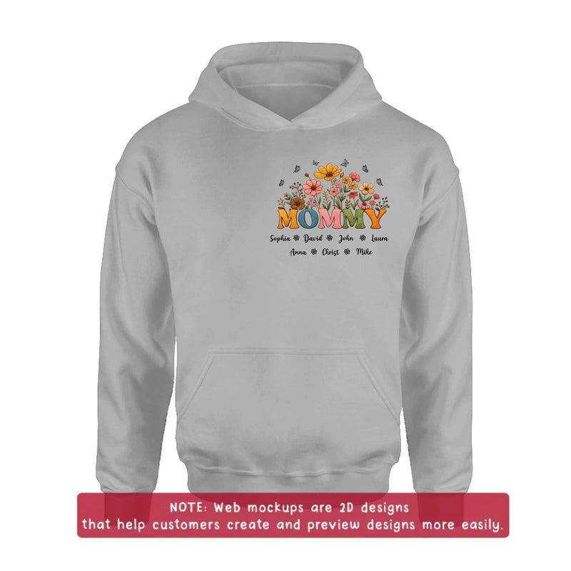 Personalized Mommy Birth Flower Embroidered Shirt/ Hoodie - Custom Kids Names Floral Mother’s Day Gift for Mom with up to 7 Kids