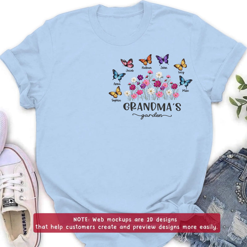 Personalized Grandma’s Garden Embroidered Shirt/ Hoodie with Butterflies & Flowers - Custom Grandchildren Names Shirt for Grandma - Mother’s Day Gift, Grandma Birthday with up to 7 Kids