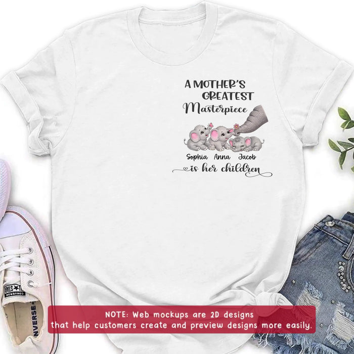 Personalized “A Mother’s Greatest Masterpiece Is Her Children” Embroidered Shirt/ Hoodie with Cute Elephants - Custom Kids Names Shirt for Mom - Mother’s Day Gift, Birthday Gift for Mom with up to 3 Kids