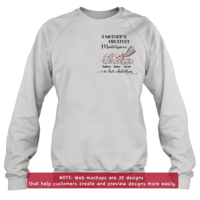 Personalized “A Mother’s Greatest Masterpiece Is Her Children” Embroidered Shirt/ Hoodie with Cute Elephants - Custom Kids Names Shirt for Mom - Mother’s Day Gift, Birthday Gift for Mom with up to 3 Kids