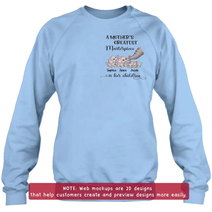 Personalized “A Mother’s Greatest Masterpiece Is Her Children” Embroidered Shirt/ Hoodie with Cute Elephants - Custom Kids Names Shirt for Mom - Mother’s Day Gift, Birthday Gift for Mom with up to 3 Kids