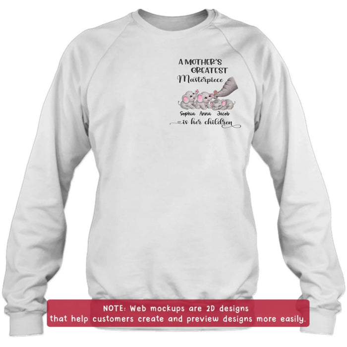 Personalized “A Mother’s Greatest Masterpiece Is Her Children” Embroidered Shirt/ Hoodie with Cute Elephants - Custom Kids Names Shirt for Mom - Mother’s Day Gift, Birthday Gift for Mom with up to 3 Kids