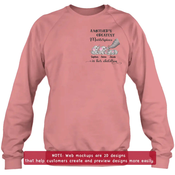 Personalized “A Mother’s Greatest Masterpiece Is Her Children” Embroidered Shirt/ Hoodie with Cute Elephants - Custom Kids Names Shirt for Mom - Mother’s Day Gift, Birthday Gift for Mom with up to 3 Kids