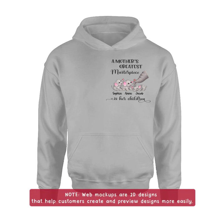 Personalized “A Mother’s Greatest Masterpiece Is Her Children” Embroidered Shirt/ Hoodie with Cute Elephants - Custom Kids Names Shirt for Mom - Mother’s Day Gift, Birthday Gift for Mom with up to 3 Kids