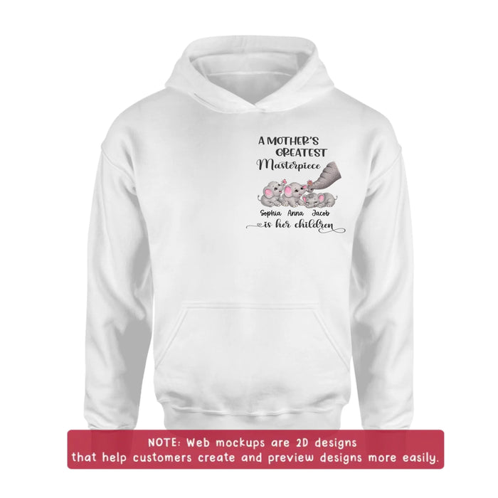 Personalized “A Mother’s Greatest Masterpiece Is Her Children” Embroidered Shirt/ Hoodie with Cute Elephants - Custom Kids Names Shirt for Mom - Mother’s Day Gift, Birthday Gift for Mom with up to 3 Kids