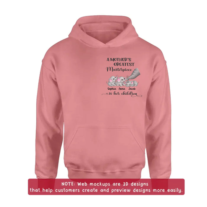 Personalized “A Mother’s Greatest Masterpiece Is Her Children” Embroidered Shirt/ Hoodie with Cute Elephants - Custom Kids Names Shirt for Mom - Mother’s Day Gift, Birthday Gift for Mom with up to 3 Kids