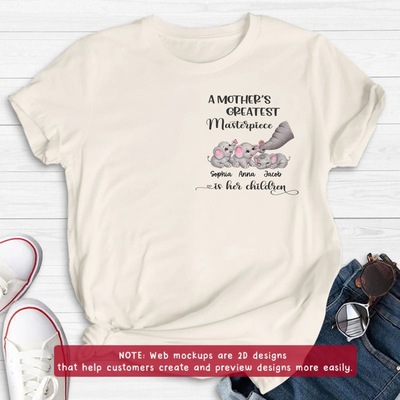 Personalized “A Mother’s Greatest Masterpiece Is Her Children” Embroidered Shirt/ Hoodie with Cute Elephants - Custom Kids Names Shirt for Mom - Mother’s Day Gift, Birthday Gift for Mom with up to 3 Kids