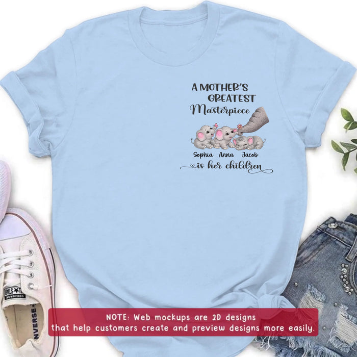 Personalized “A Mother’s Greatest Masterpiece Is Her Children” Embroidered Shirt/ Hoodie with Cute Elephants - Custom Kids Names Shirt for Mom - Mother’s Day Gift, Birthday Gift for Mom with up to 3 Kids