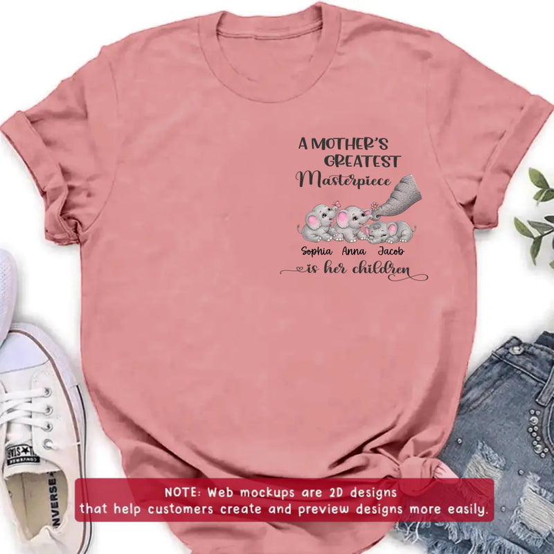 Personalized “A Mother’s Greatest Masterpiece Is Her Children” Embroidered Shirt/ Hoodie with Cute Elephants - Custom Kids Names Shirt for Mom - Mother’s Day Gift, Birthday Gift for Mom with up to 3 Kids