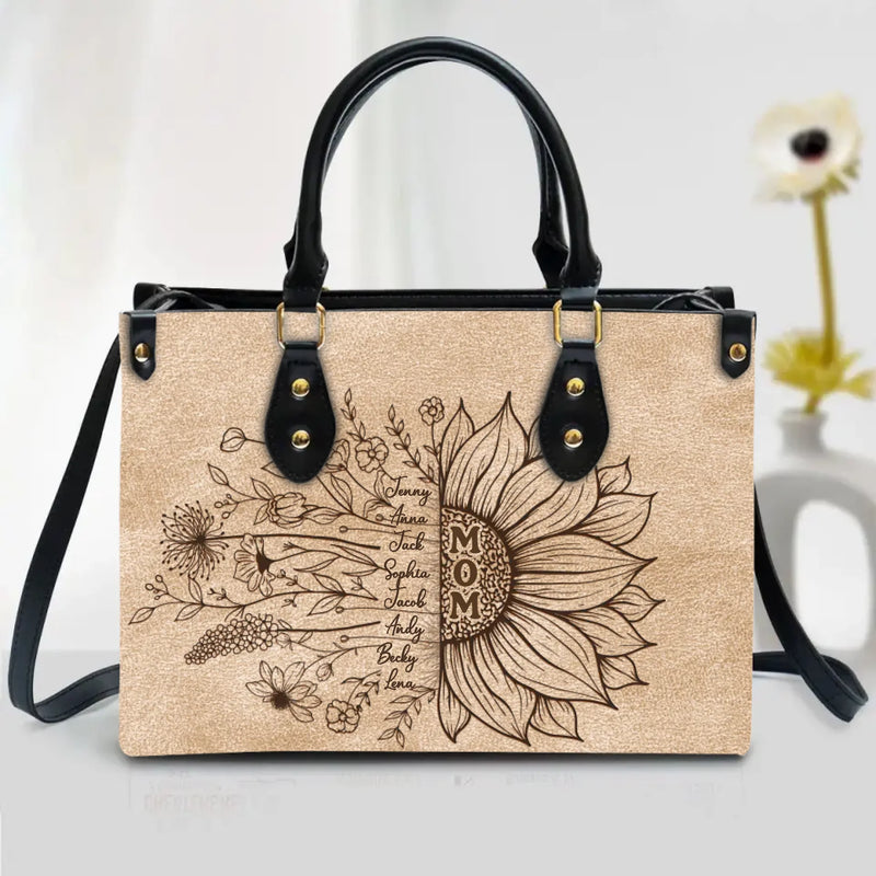 Personalized Sunflower Mom PU Leather Handbag with Long Straps – Custom Names with up to 8 Kids – Mother’s Day Gift for Mom