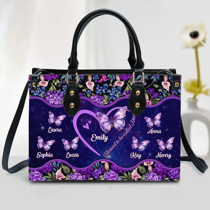 Personalized Nana PU Leather Handbag with Long Straps - Mother's Day/ Birthday Gift Idea From Kid To Mom with up to 6 Kids - Blessed To Be Called Nana