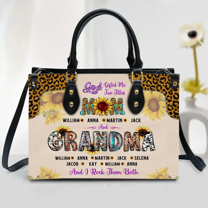 Personalized Grandma PU Leather Handbag with Long Straps - Mother's Day Gift Idea For Grandma/ Mom with up to 5 Kids and 12 Grandkids - God Gifted Me Two Titles Mom and Grandma