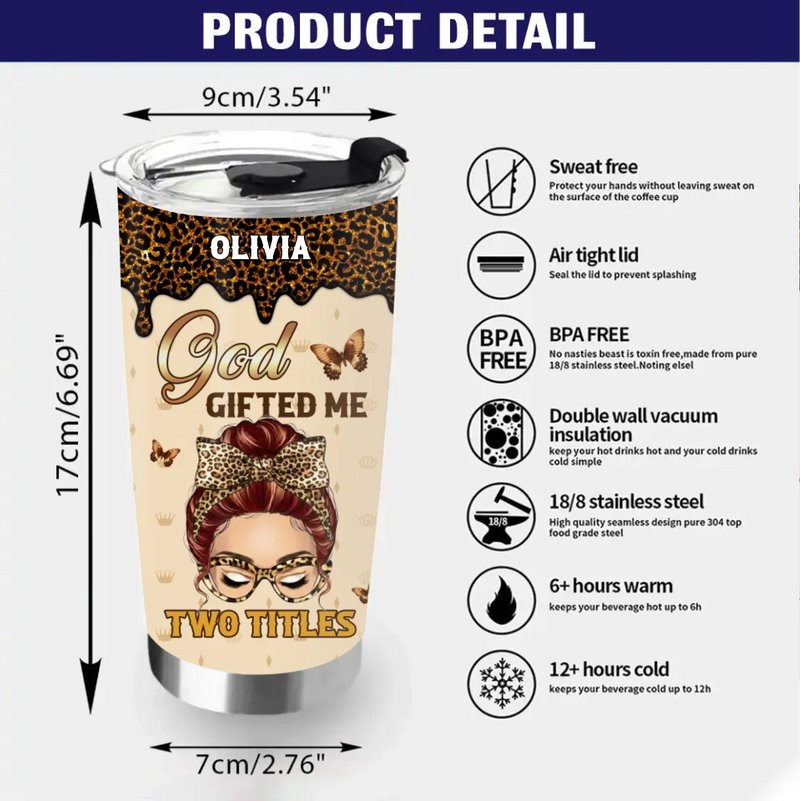 Personalized Mom & Grandma Tumbler – “God Gifted Me Two Titles” Custom Name Leopard Print 20oz Stainless Steel Tumbler with up to 5 Kids and 8 Grandkids – Mother’s Day, Birthday or Christmas Gift for Mom