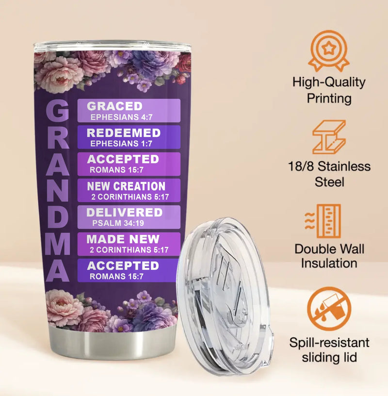 Personalized Christian Grandma Tumbler – “GRANDMA: Graced, Redeemed, Accepted” with up to 8 Kids – Faith Mother’s Day, Birthday or Christmas Gift