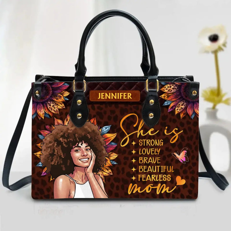 Personalized Photo Mom PU Leather Handbag with Long Straps - “She Is Strong, Lovely, Brave, Beautiful, Fearless Mom” - Custom Photo - Mother’s Day, Birthday or Christmas Gift for Mom