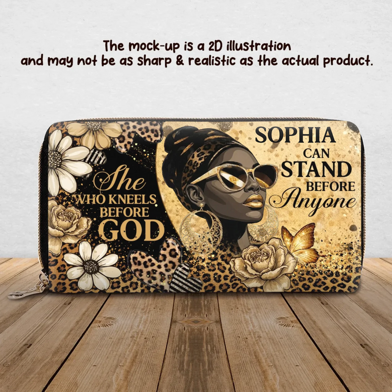Personalized Christian Woman Long Wallet – “She Who Kneels Before God Can Stand Before Anyone” Custom Name – Faith Birthday, Mother’s Day or Christmas Gift for Women
