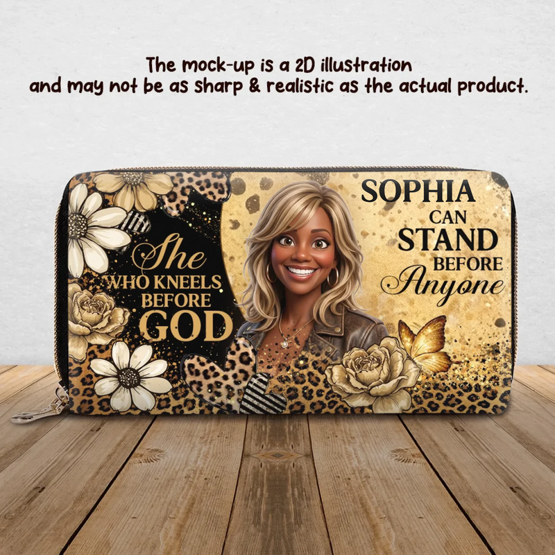 Personalized Christian Woman Long Wallet – “She Who Kneels Before God Can Stand Before Anyone” Custom Name and Photo – Faith Birthday, Mother’s Day or Christmas Gift for Women