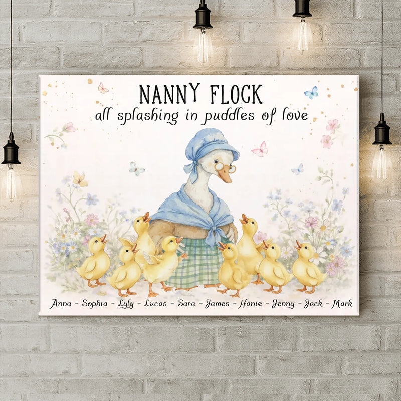 Personalized Nanny Flock Goose Canvas – Custom Grandma & Grandkids Names with up to 8 Kids – Gift for Nana from Grandchildren