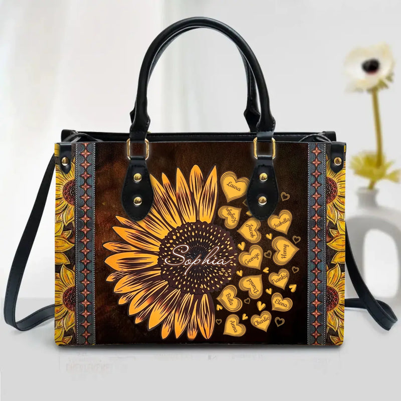 Personalized Sunflower Grandma PU Leather Handbag with Long Straps - Mother's Day Gift Idea for Mom/ Grandma/ Nana with up to 12 Kids