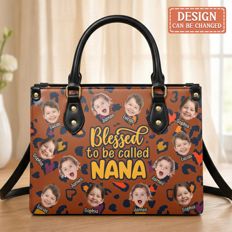 Personalized Nana PU Leather Handbag with Long Straps - Gift Idea For Nana/ Grandma/ Mother's Day - Upload up to 12 Kids' Photos - Blessed To Be Called Nana