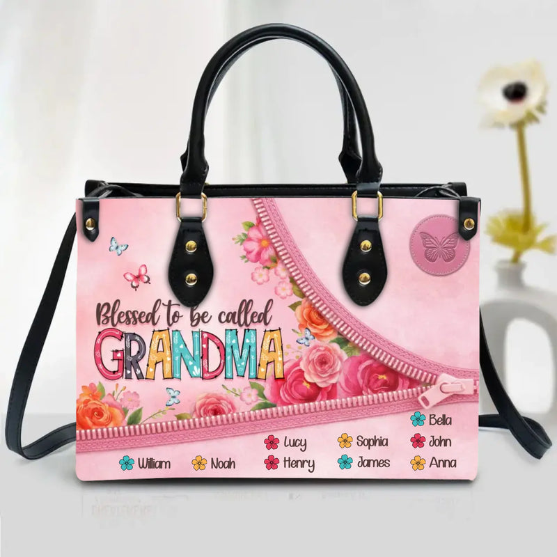 Personalized Grandma PU Leather Handbag with Long Traps - Grandma Gift Idea with up to 9 Kids - Blessed To Be Called Grandma