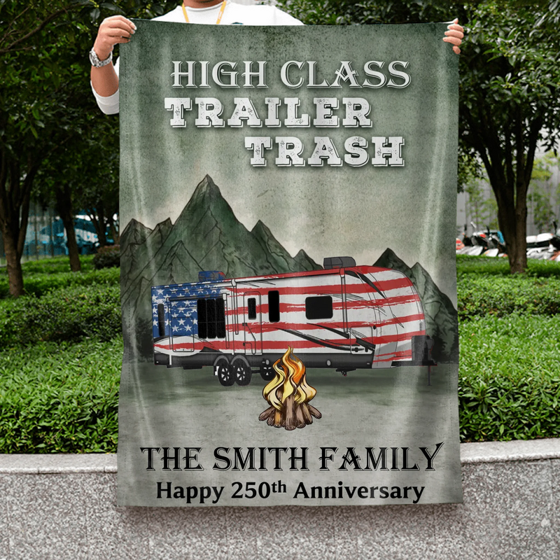 Personalized Camping Garden Flag - Happy 250th Anniversary - High Class Trailers Trash - Custom Family Name