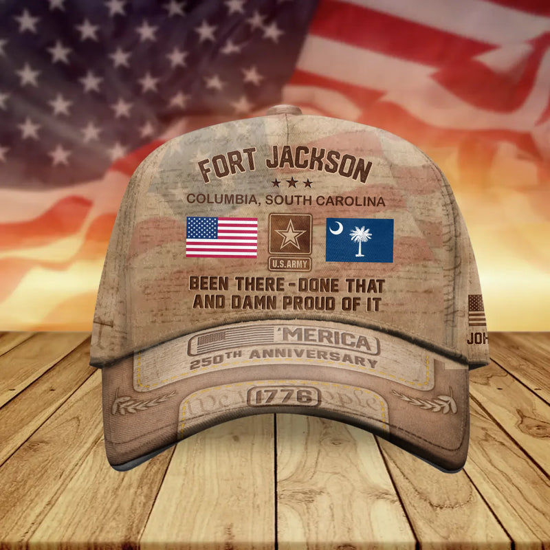 Personalized U.S. Army Veteran Baseball Cap – Fort Jackson, Columbia, South Carolina, Custom Name Cap – Proudly Served America 250th Anniversary 1776 – 2026 Gift