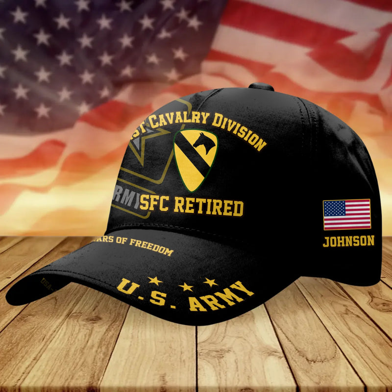 Personalized U.S. Army 1st Cavalry Division Veteran Baseball Cap – Custom Rank Name SFC Retired Cap – USA 250 Years of Freedom Patriotic Gift for Veteran, Dad or Grandpa