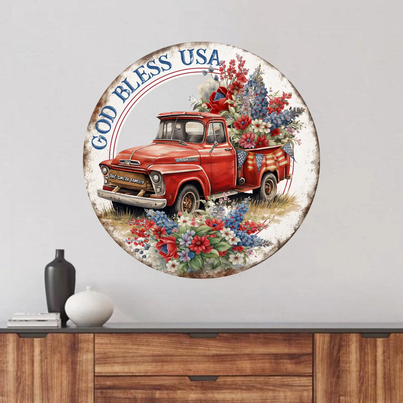 Personalized Patriotic Truck Metal Sign – “God Bless USA” Custom Family Name Decor – Vintage Farmhouse American Home Decor