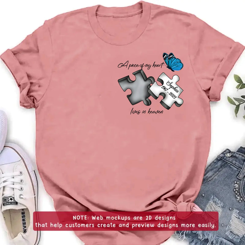 Personalized Memorial Embroidered T-Shirt/Hoodie/Sweater - Up to 5 Puzzles - Memorial Gift for Mother's Day/Father's Day - A Piece Of My Heart Lives In Heaven