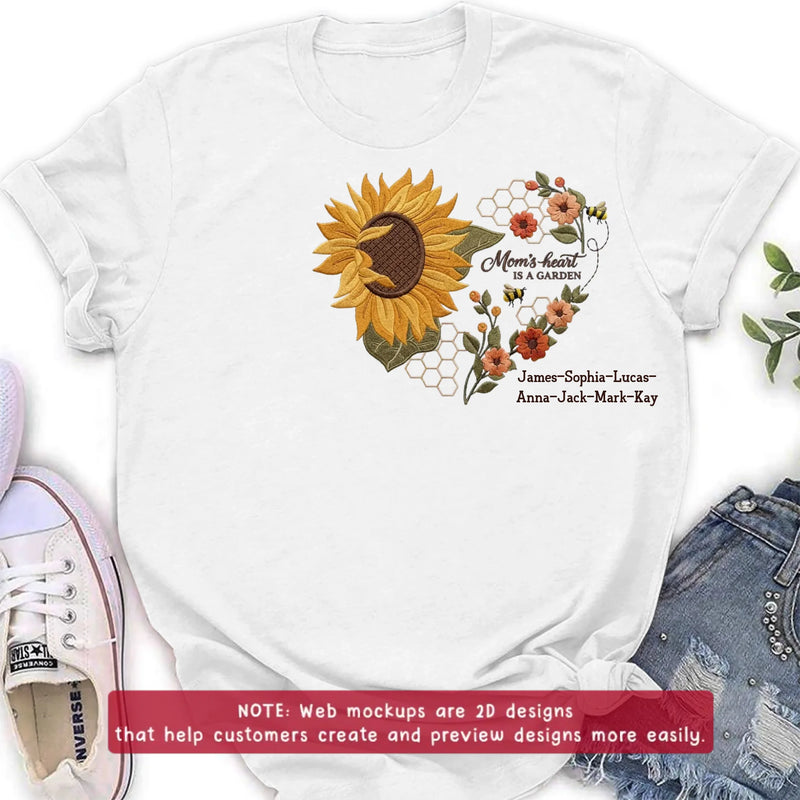 Personalized Mom Embroidered Shirt/ Hoodie - Mom's Heart Is A Garden with up to 7 Kids Names - Sunflower Bee Design - Custom Mama Shirt, Mother’s Day Gift, Grandma Gift