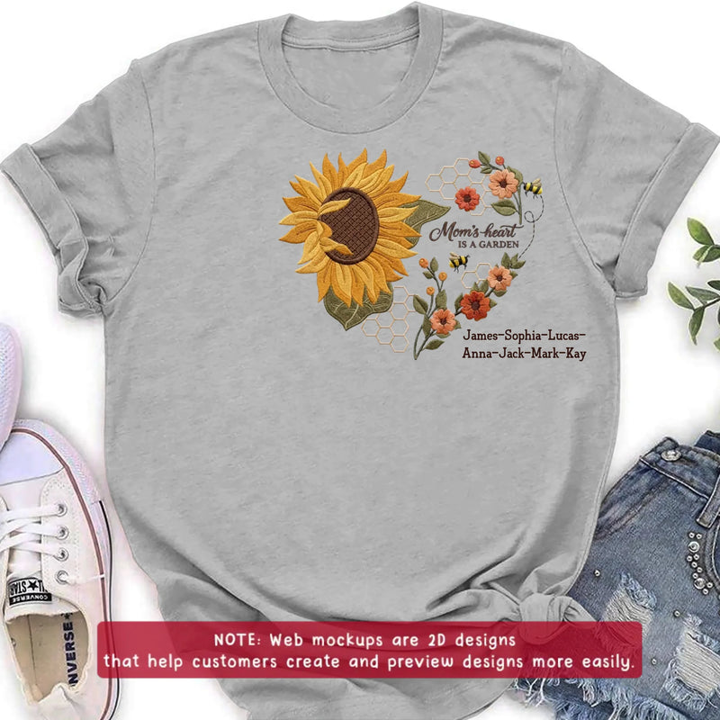 Personalized Mom Embroidered Shirt/ Hoodie - Mom's Heart Is A Garden with up to 7 Kids Names - Sunflower Bee Design - Custom Mama Shirt, Mother’s Day Gift, Grandma Gift