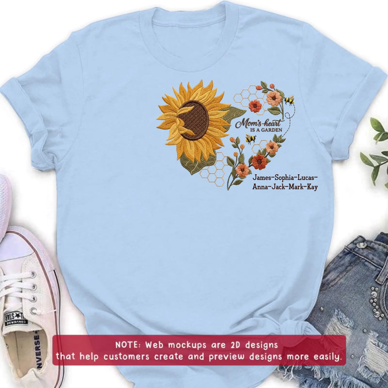 Personalized Mom Embroidered Shirt/ Hoodie - Mom's Heart Is A Garden with up to 7 Kids Names - Sunflower Bee Design - Custom Mama Shirt, Mother’s Day Gift, Grandma Gift