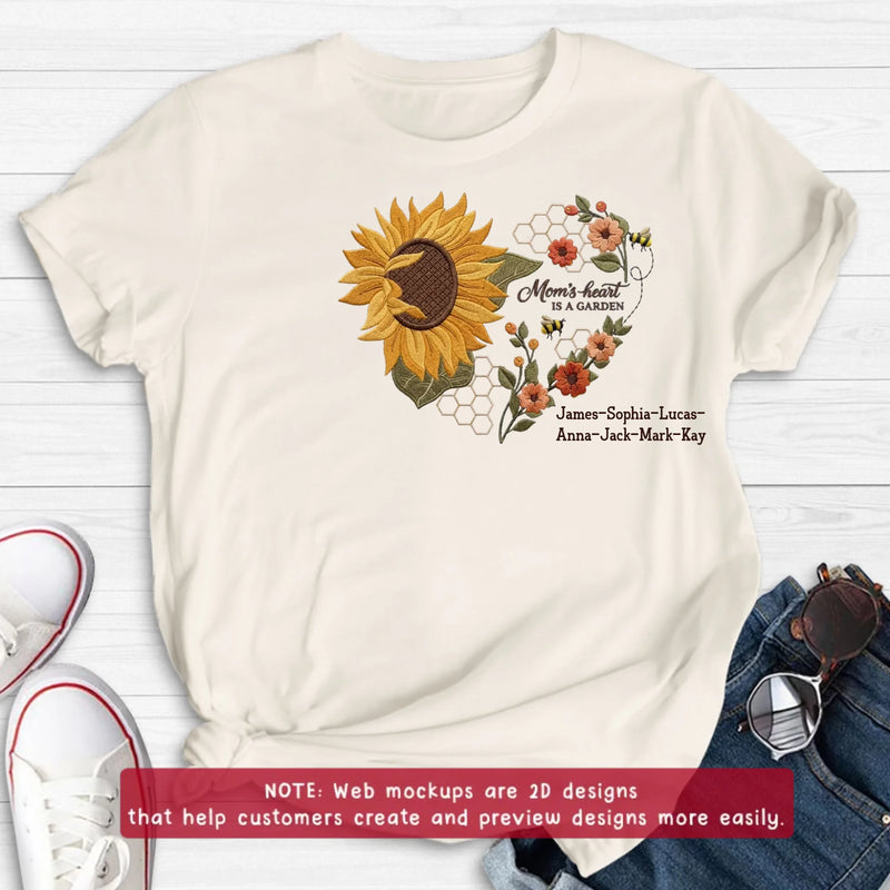 Personalized Mom Embroidered Shirt/ Hoodie - Mom's Heart Is A Garden with up to 7 Kids Names - Sunflower Bee Design - Custom Mama Shirt, Mother’s Day Gift, Grandma Gift