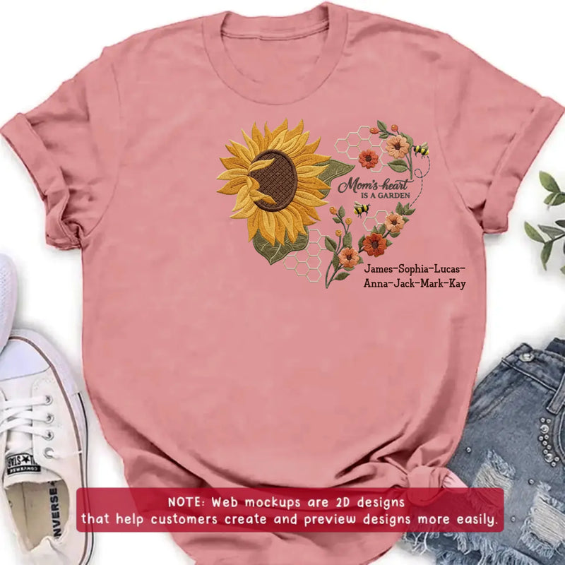 Personalized Mom Embroidered Shirt/ Hoodie - Mom's Heart Is A Garden with up to 7 Kids Names - Sunflower Bee Design - Custom Mama Shirt, Mother’s Day Gift, Grandma Gift
