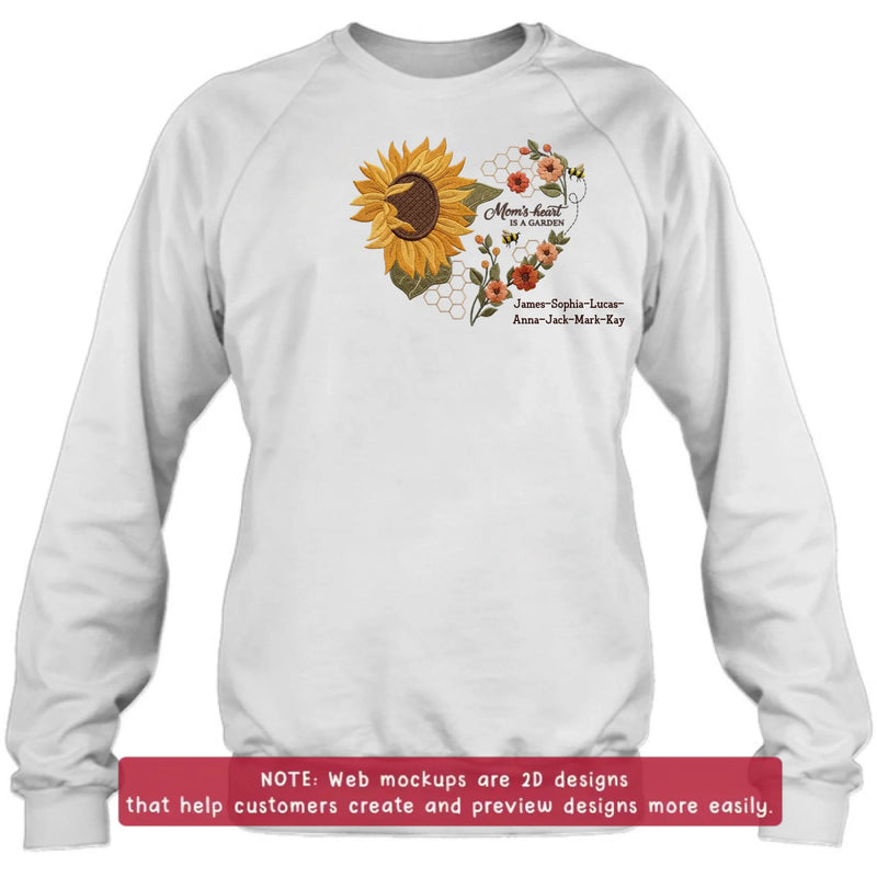 Personalized Mom Embroidered Shirt/ Hoodie - Mom's Heart Is A Garden with up to 7 Kids Names - Sunflower Bee Design - Custom Mama Shirt, Mother’s Day Gift, Grandma Gift