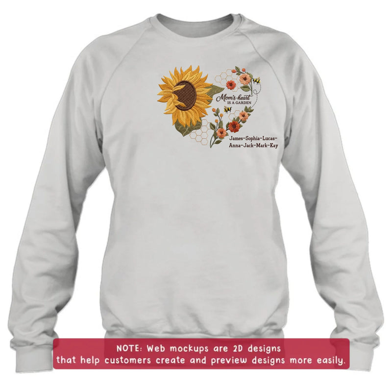 Personalized Mom Embroidered Shirt/ Hoodie - Mom's Heart Is A Garden with up to 7 Kids Names - Sunflower Bee Design - Custom Mama Shirt, Mother’s Day Gift, Grandma Gift