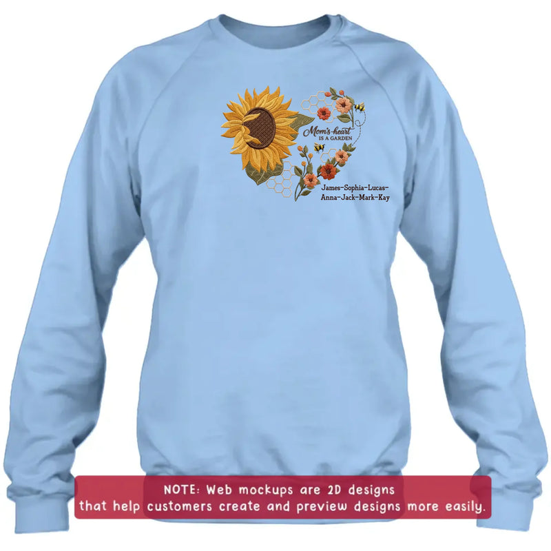 Personalized Mom Embroidered Shirt/ Hoodie - Mom's Heart Is A Garden with up to 7 Kids Names - Sunflower Bee Design - Custom Mama Shirt, Mother’s Day Gift, Grandma Gift
