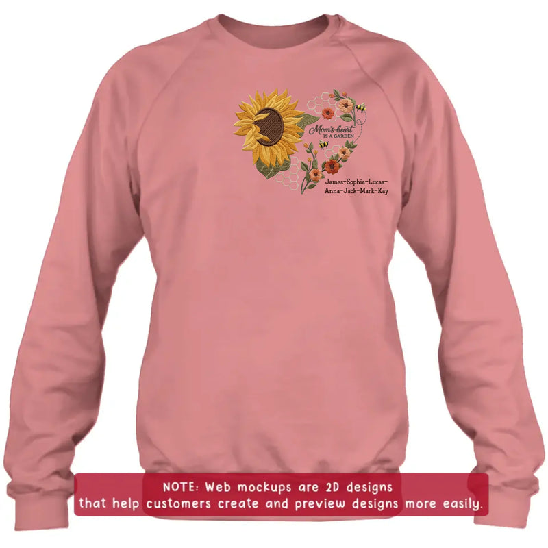 Personalized Mom Embroidered Shirt/ Hoodie - Mom's Heart Is A Garden with up to 7 Kids Names - Sunflower Bee Design - Custom Mama Shirt, Mother’s Day Gift, Grandma Gift
