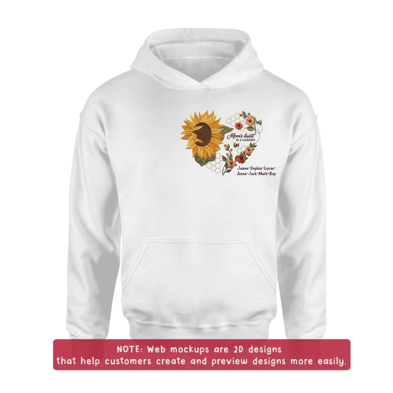 Personalized Mom Embroidered Shirt/ Hoodie - Mom's Heart Is A Garden with up to 7 Kids Names - Sunflower Bee Design - Custom Mama Shirt, Mother’s Day Gift, Grandma Gift