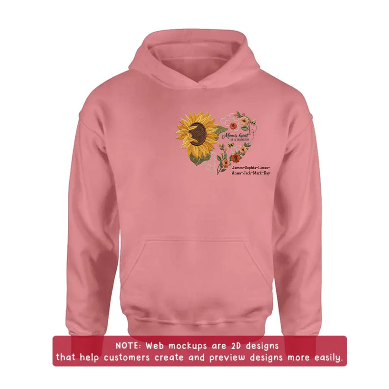 Personalized Mom Embroidered Shirt/ Hoodie - Mom's Heart Is A Garden with up to 7 Kids Names - Sunflower Bee Design - Custom Mama Shirt, Mother’s Day Gift, Grandma Gift