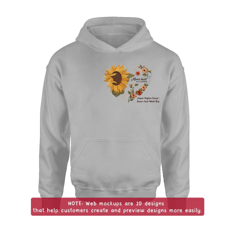 Personalized Mom Embroidered Shirt/ Hoodie - Mom's Heart Is A Garden with up to 7 Kids Names - Sunflower Bee Design - Custom Mama Shirt, Mother’s Day Gift, Grandma Gift