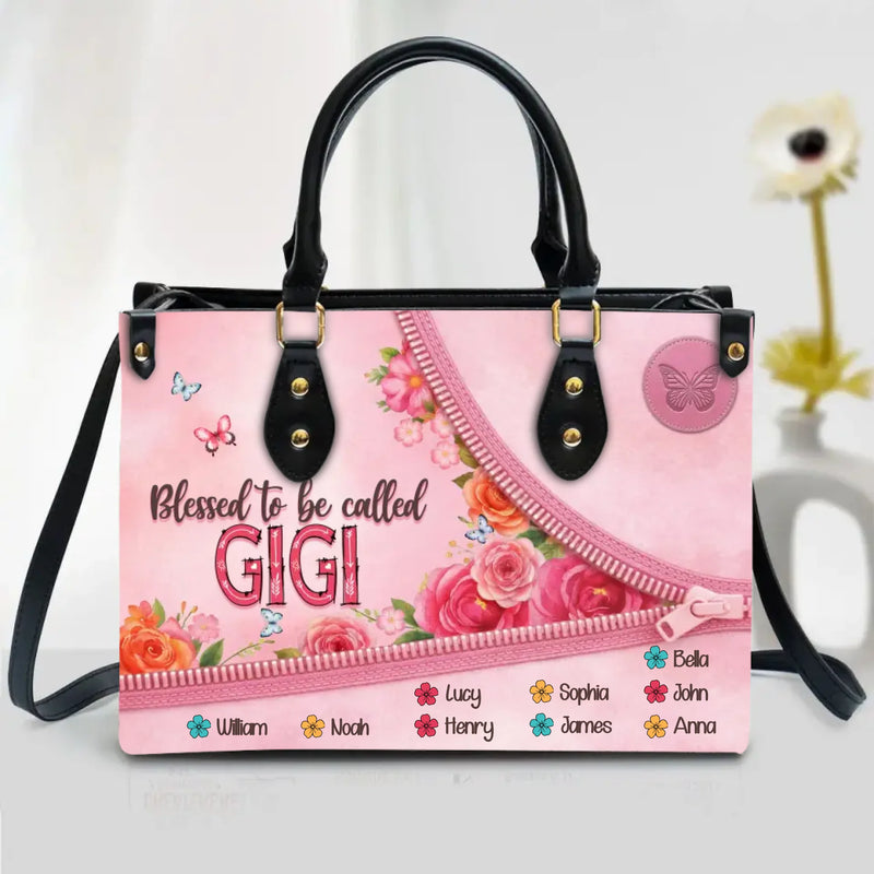 Personalized Grandma PU Leather Handbag with Long Traps - Mother's Gift Idea with up to 9 Kids - Blessed To Be Called Gigi