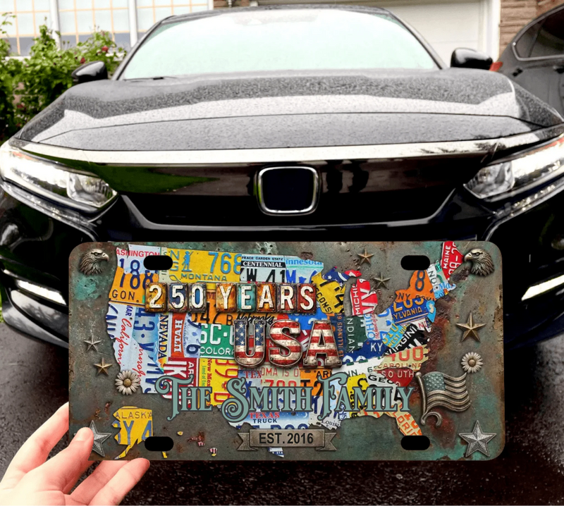 Personalized USA License Plate with Family Name – Vintage Metal American Flag Map Design, Custom Family Car Tag Gift