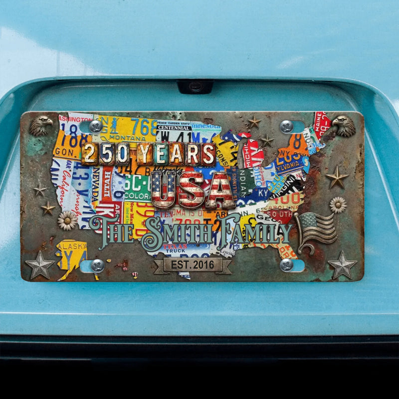Personalized USA License Plate with Family Name – Vintage Metal American Flag Map Design, Custom Family Car Tag Gift