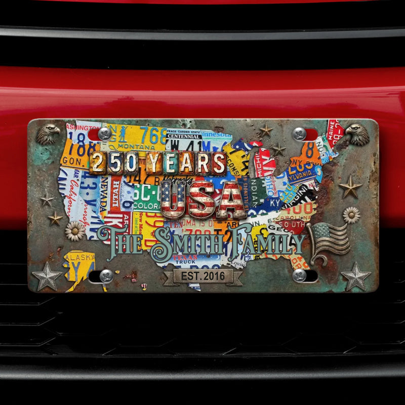 Personalized USA License Plate with Family Name – Vintage Metal American Flag Map Design, Custom Family Car Tag Gift