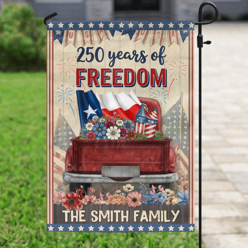 Personalized 4th of July Garden Flag – “250 Years of Freedom” Custom Family Name Patriotic Yard Flag