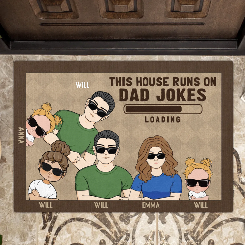 Custom Personalized Family Doormat - Gift Idea For Father's Day - Up to 6 Kids - This House Runs On Dad Jokes
